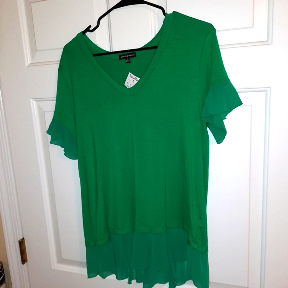 Chacha Vente green shirt with sheer flutter sleeve and hem sz. M New With Tags - Picture 1 of 6